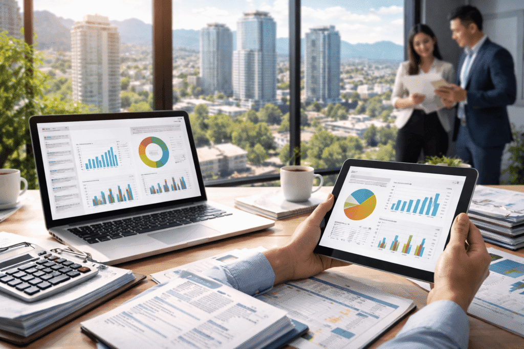 A person reviews financial charts on a tablet and laptop at a desk with documents, while two colleagues talk by large windows overlooking a cityscape.
