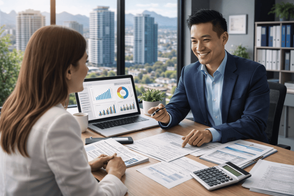 Two professionals discuss financial documents at a desk in a modern office, with charts on paper and a laptop displaying graphs in the background.
