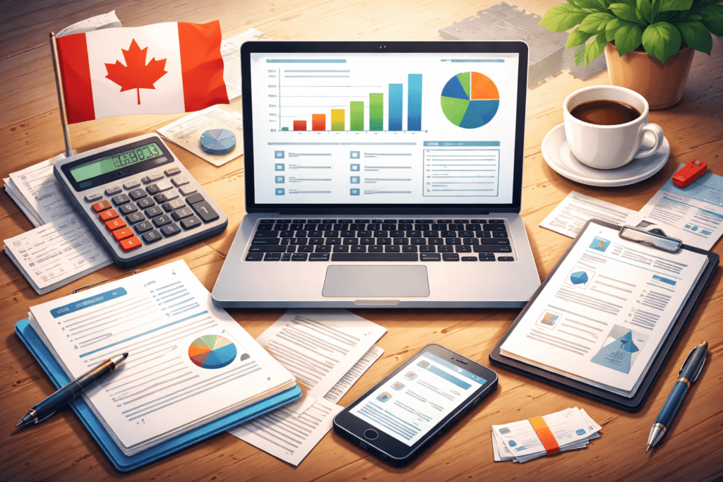 A laptop displaying charts is surrounded by financial documents, calculator, clipboard, coffee cup, smartphone, and a small Canadian flag on a wooden desk.
