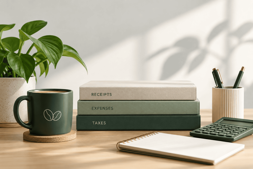 Three stacked books labeled “Receipts,” “Expenses,” and “Taxes” on a desk with a coffee mug, pens, a calculator, and a notebook.