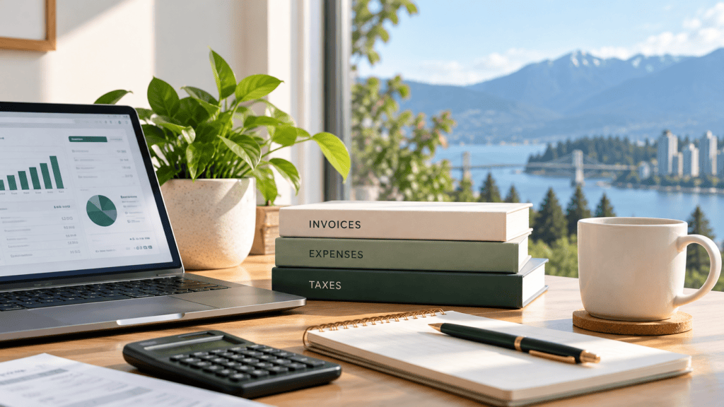 A laptop displaying financial charts, a calculator, a notebook with a pen, a coffee mug, and a stack of books labeled “Invoices,” “Expenses,” and “Taxes” on a desk overlooking a mountain view.