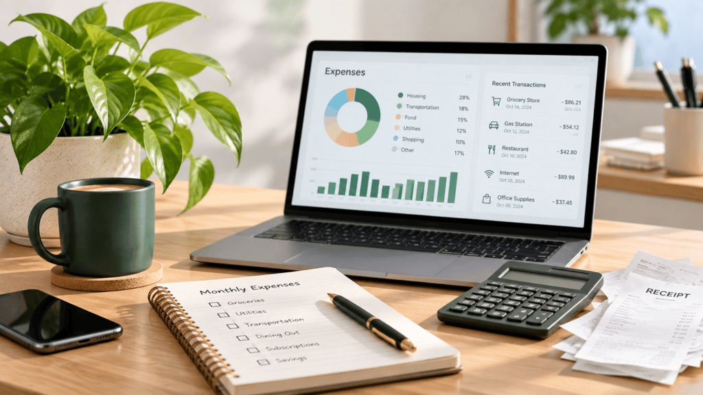 A laptop displaying a financial dashboard with a pie chart and transaction list, next to a notebook with a handwritten monthly expense checklist, a calculator, and receipts.