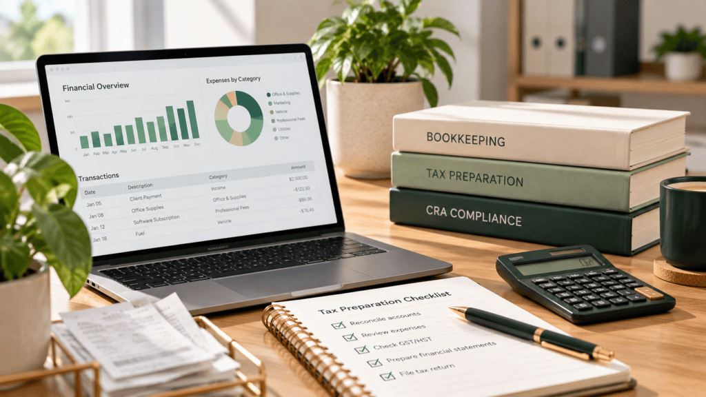 A laptop displaying a financial dashboard sits on a wooden desk next to a tax preparation checklist, a calculator, and three books labeled Bookkeeping, Tax Preparation, and CRA Compliance.