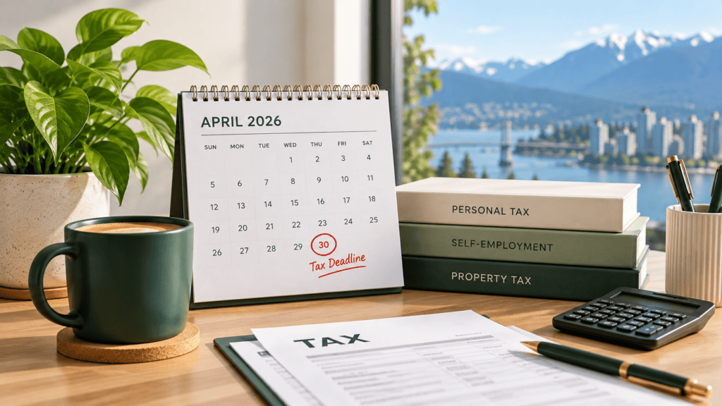 April 2026 calendar on a desk with April 30 circled as “Tax Deadline,” next to tax-labeled books, a calculator, and a cup of coffee.