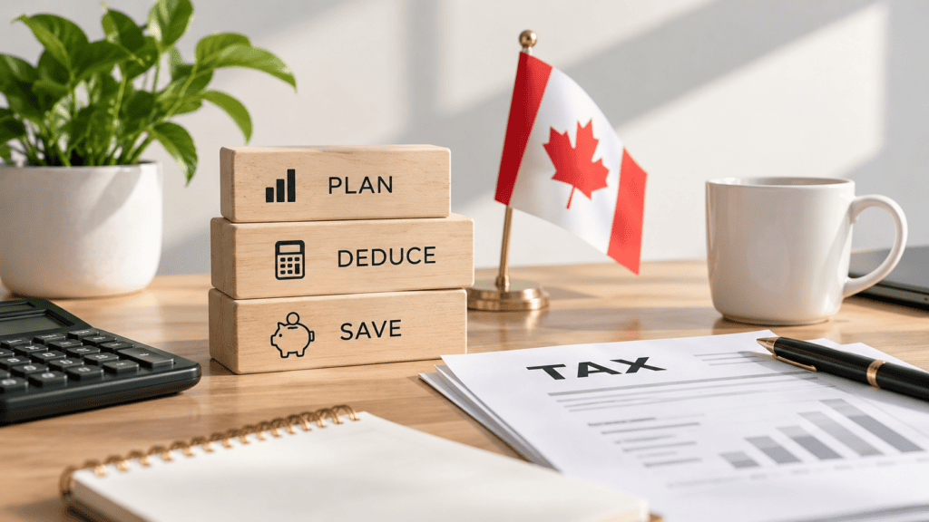 Three stacked wooden blocks labeled Plan, Deduce, and Save next to a Canadian flag, a calculator, and a tax document on a desk.